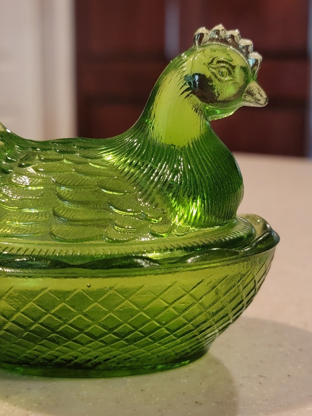 Green Glass Hen on Nest Decorative Dish